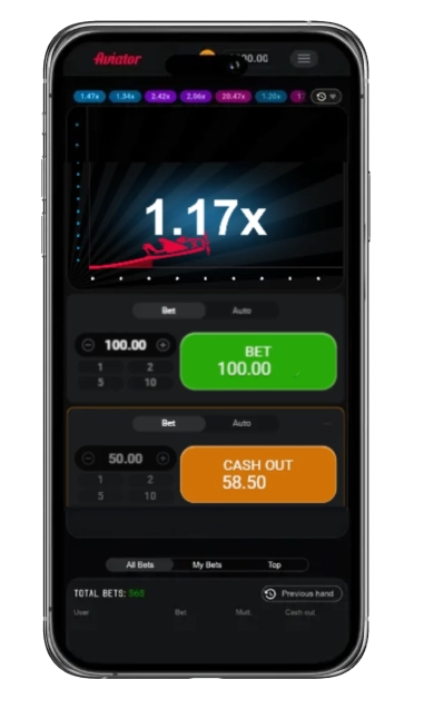 A smartphone is depicted, and the screen shows the Aviator game with two bets.